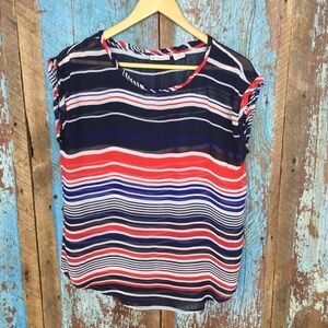 Liz Claiborne Preppy Sheer Striped Blue & Red Blouse Size M Nautical